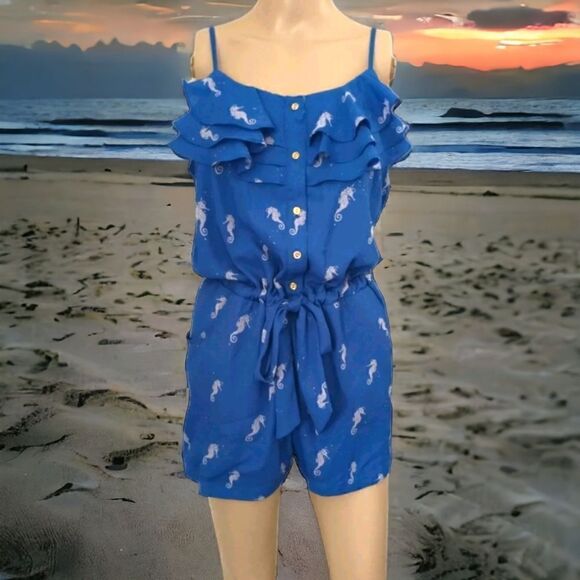 Seahorse Print Romper L Blue One Piece Ruffles Flowy Drawstring Tied Waist - Picture 11 of 16